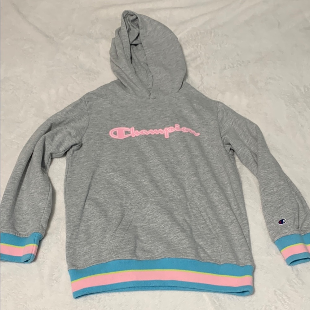Champion Heather Gray Hoodie with Pink Logo and Blue Accents
